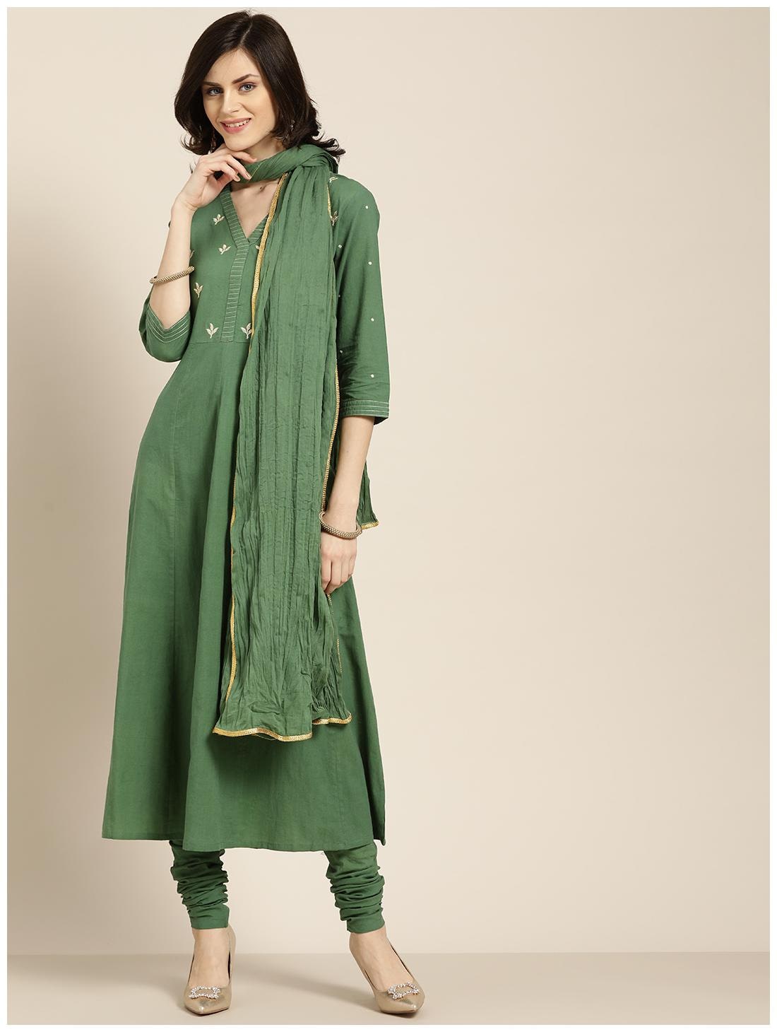 

Jaipur Kurti Cotton Embroidered Green Kurta Churidar With Dupatta