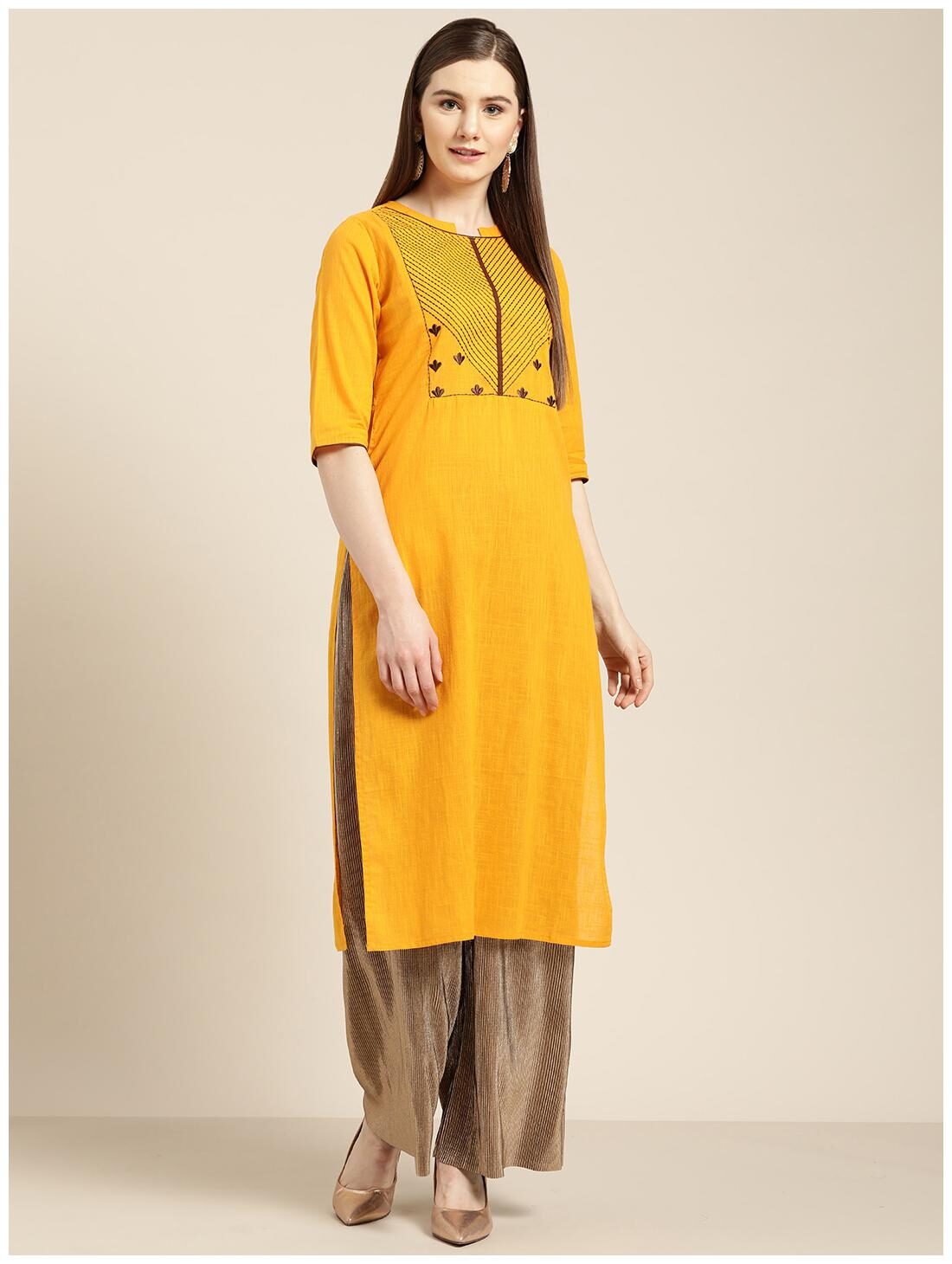 

Jaipur Kurti Women Mustard Embroidered Straight Kurta