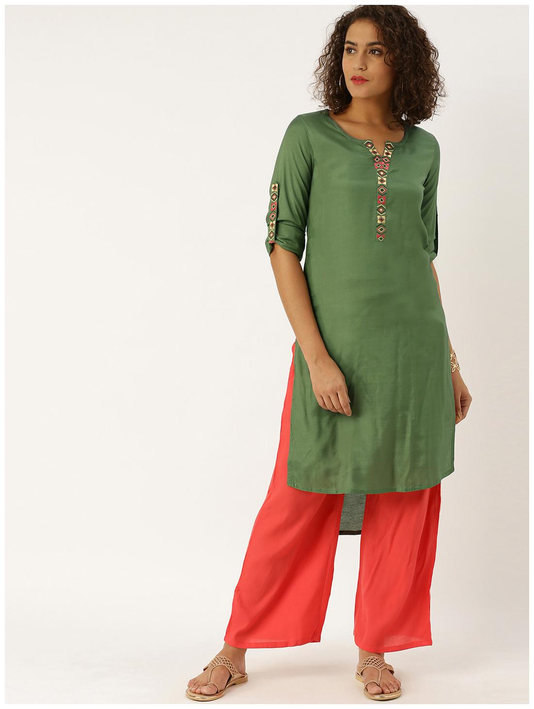 

Jaipur Kurti Silk Olive Solid Kurta For Women