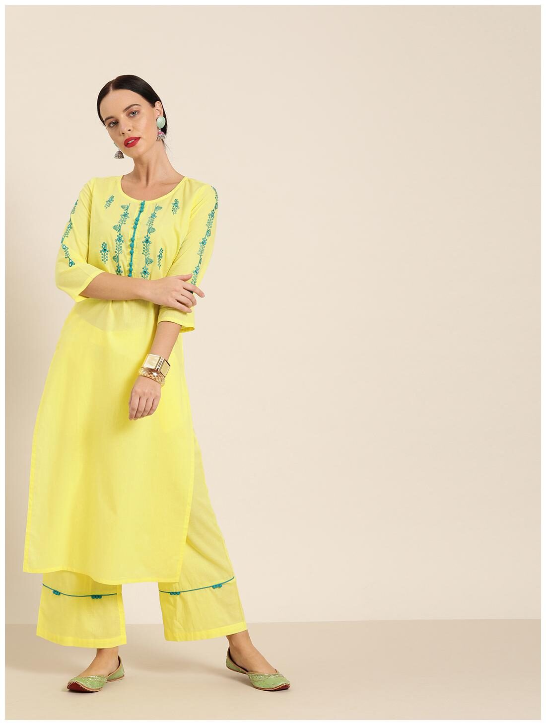 

Jaipur Kurti Cotton Embroidered Yellow Kurta Palazzo Without Dupatta