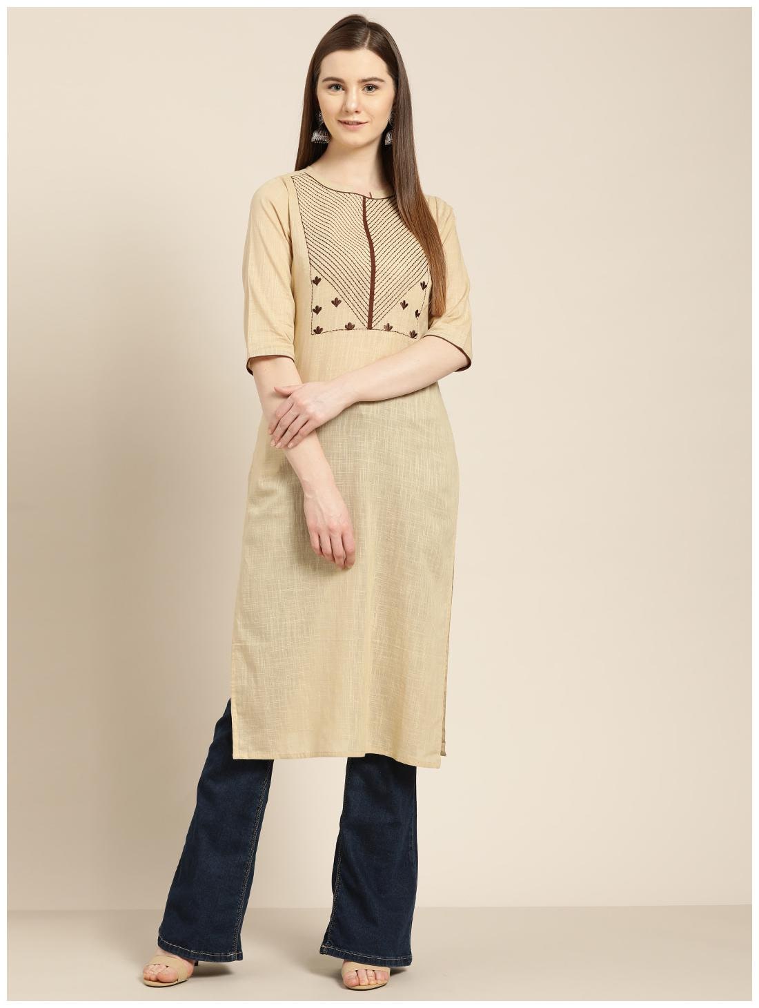 

Jaipur Kurti Women Beige Embroidered Straight Kurta
