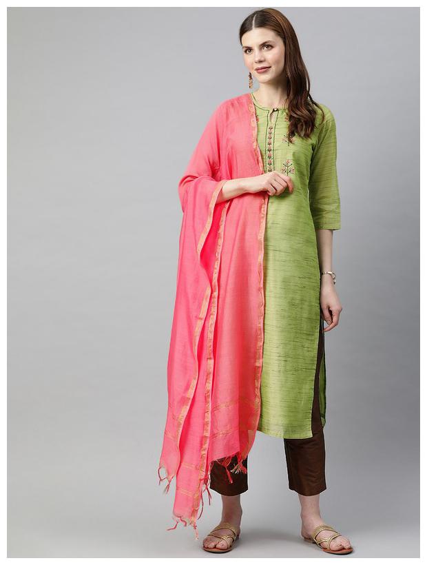 

Jaipur Kurti Women Embroidery Green Brown Kurta With Trousers With Dupatta