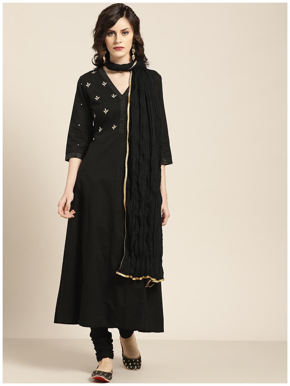 

Jaipur Kurti Cotton Embroidered Black Kurta Churidar With Dupatta