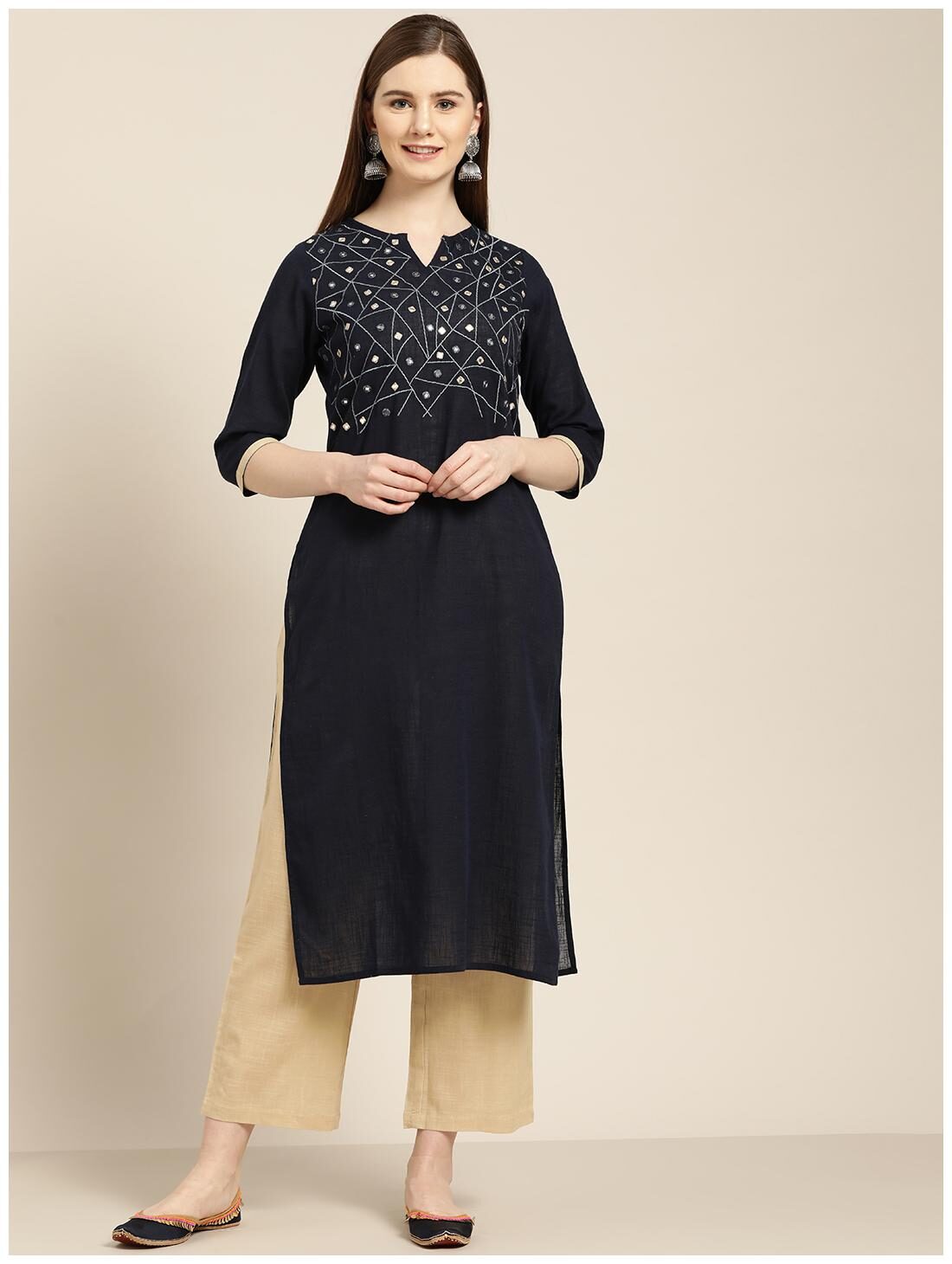 

Jaipur Kurti Cotton Embroidered Blue Beige Kurta Palazzo Without Dupatta