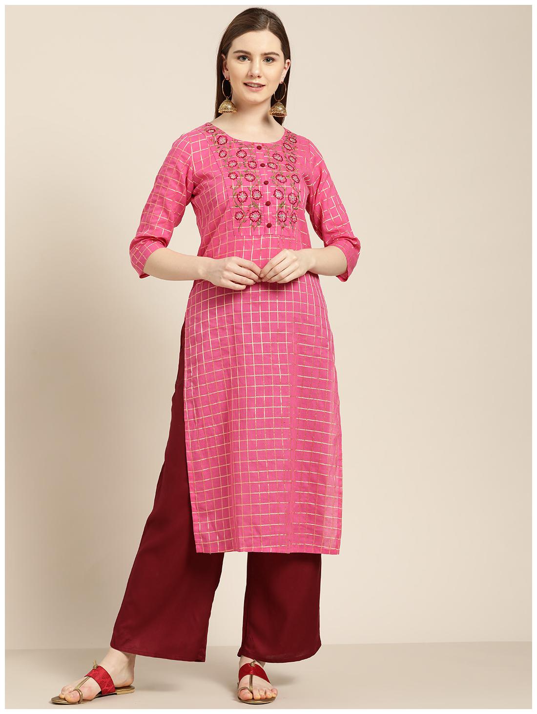 

Jaipur Kurti Cotton Embroidered Pink Maroon Kurta Palazzo Without Dupatta