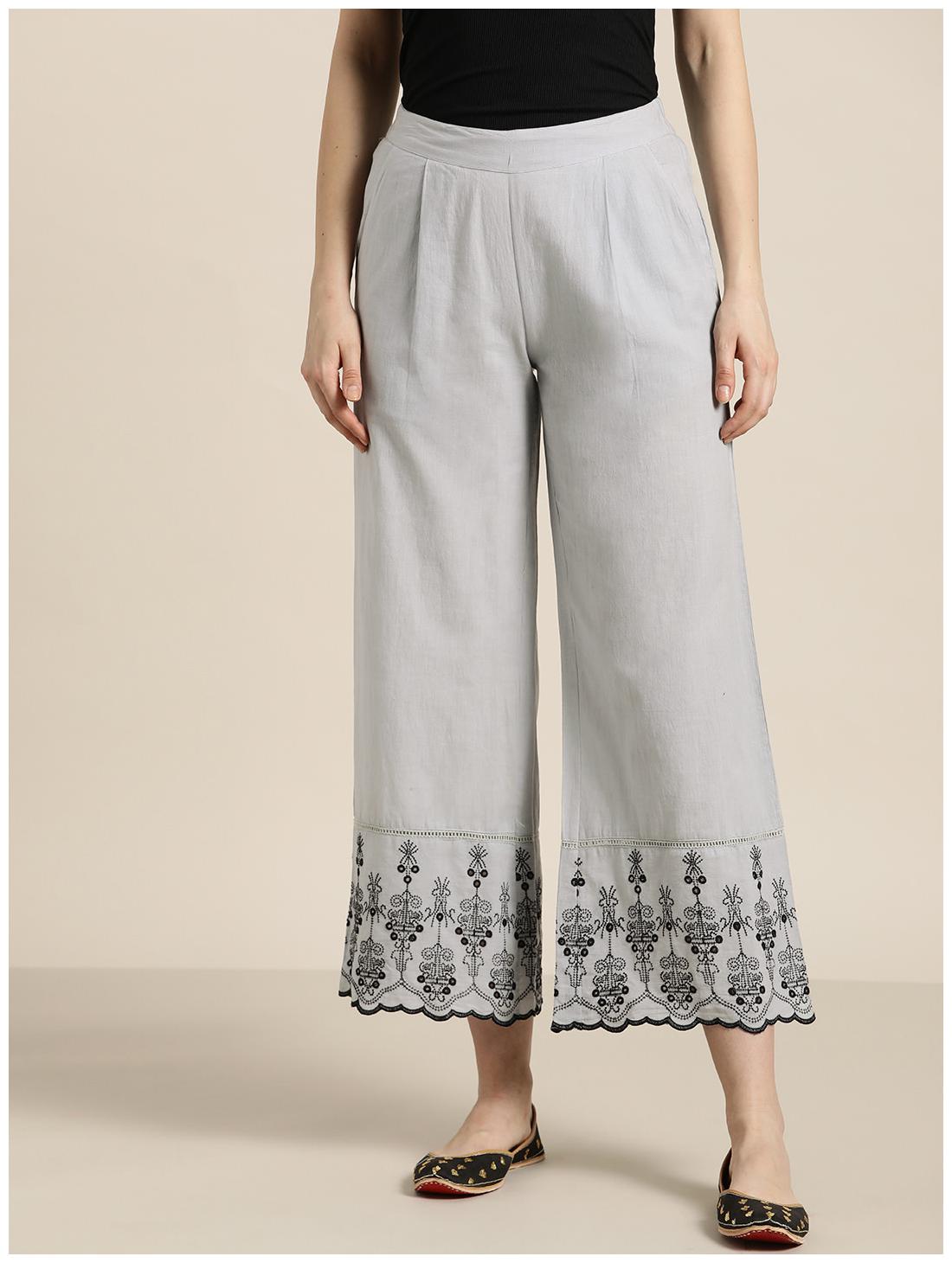 

Jaipur Kurti Grey Embroidered Flared Palazzo