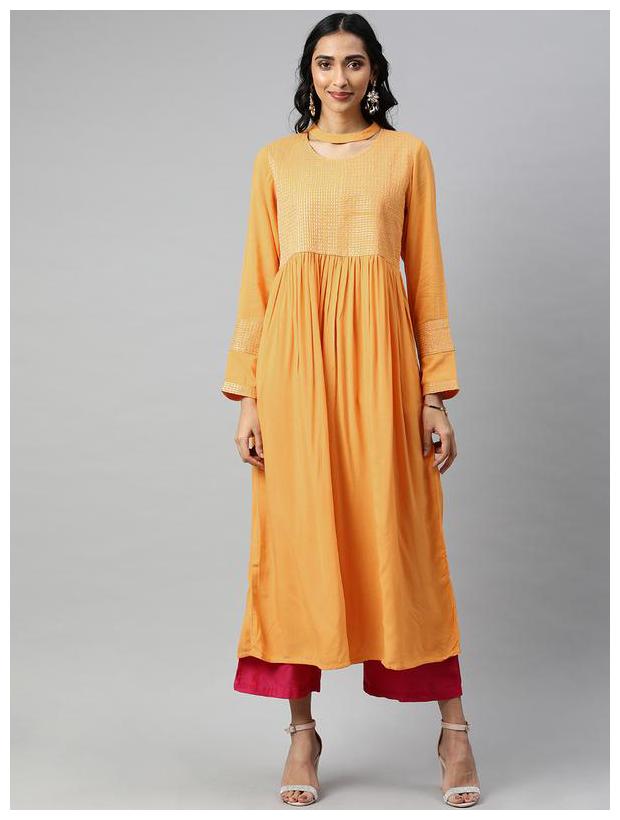 

Jaipur Kurti Women Rayon Embroidered Mustard Kurti