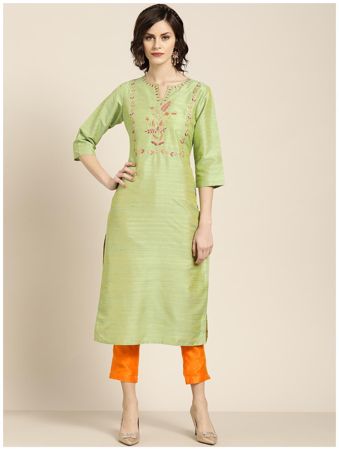 

Jaipur Kurti Silk Embroidered Green Orange Kurta Trousers Without Dupatta