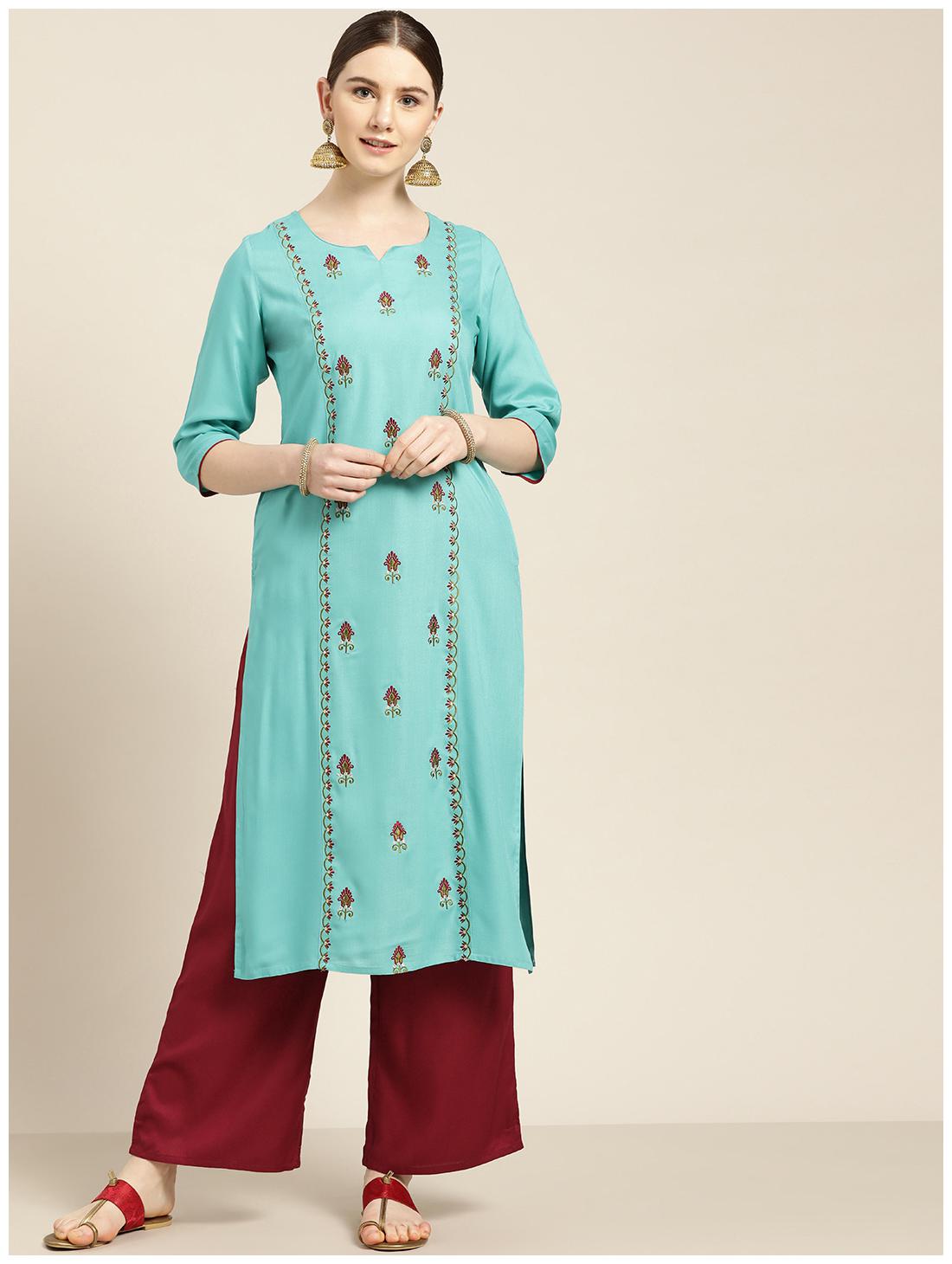 

Jaipur Kurti Viscose Rayon Embroidered Blue Maroon Kurta Palazzo Without Dupatta