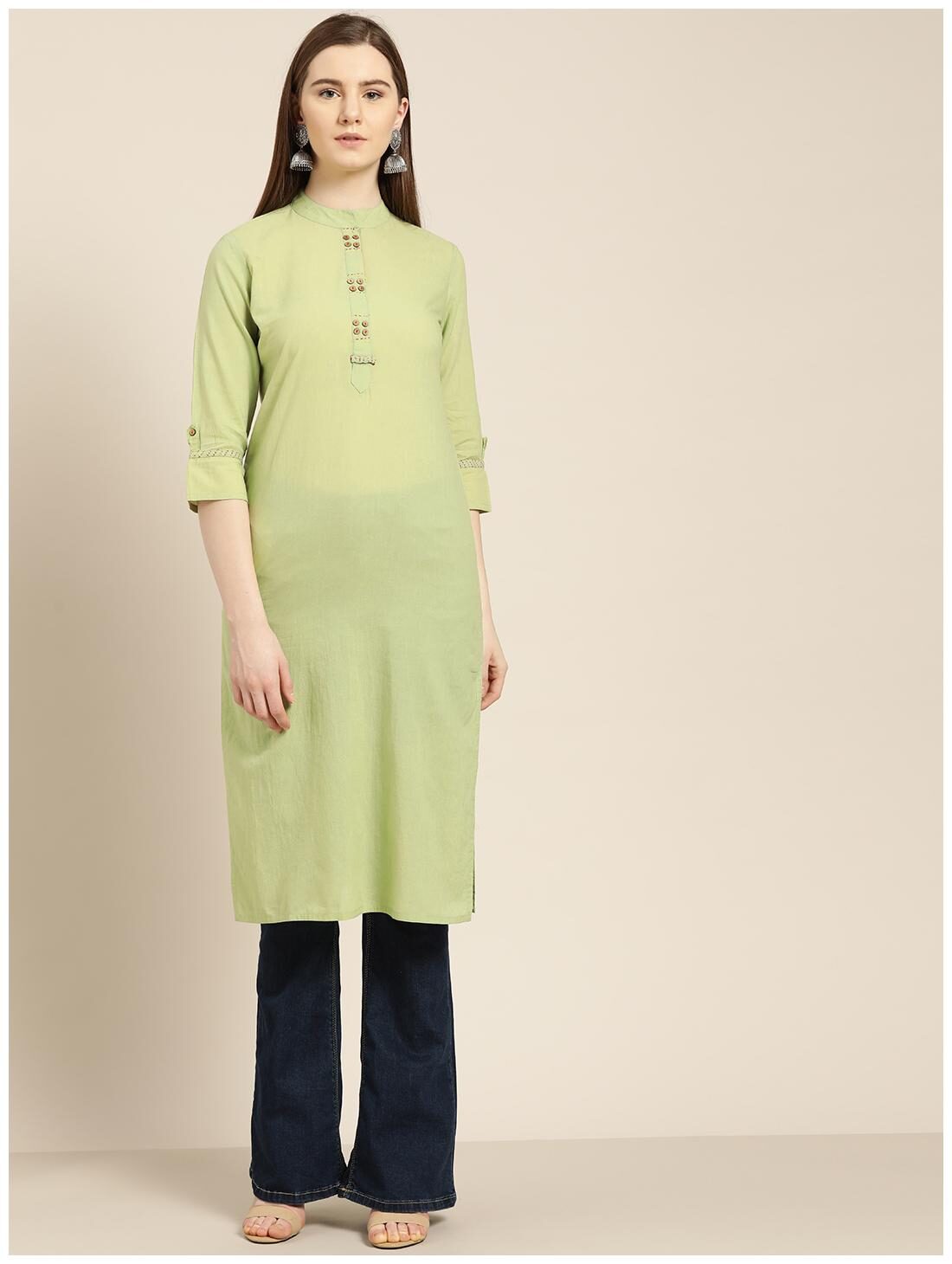 

Jaipur Kurti Women Green Solid Straight Kurta