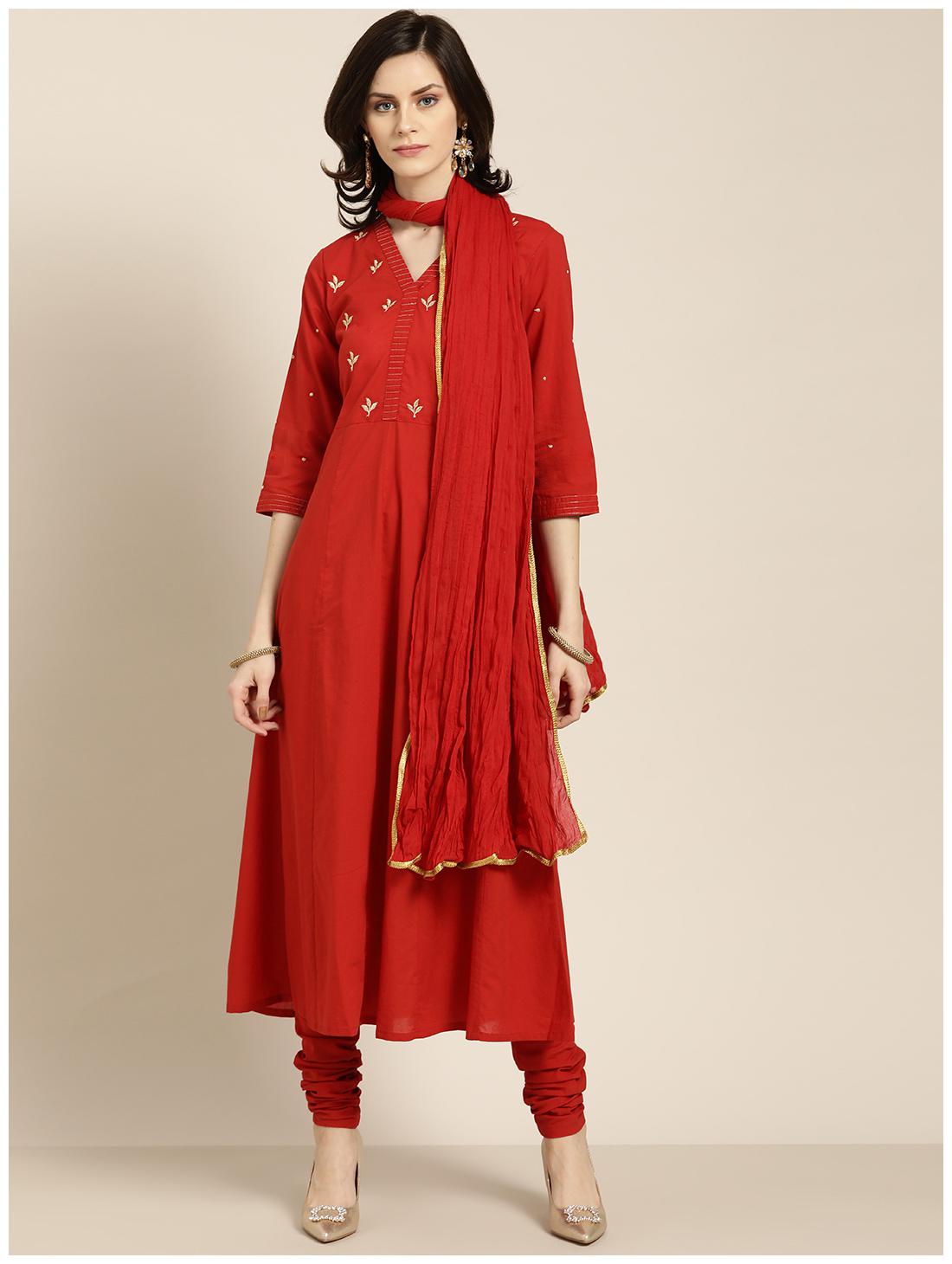 

Jaipur Kurti Cotton Embroidered Red Kurta Churidar With Dupatta
