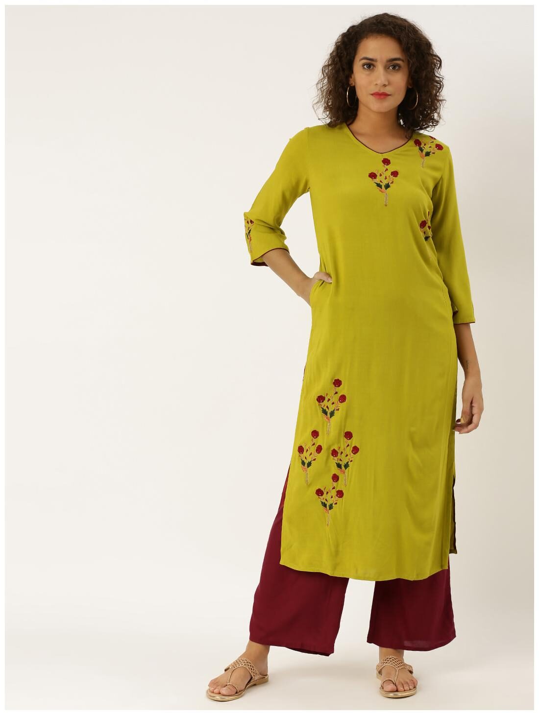 

Jaipur Kurti Viscose Rayon Green Embroidered Kurti Palazzo For Women