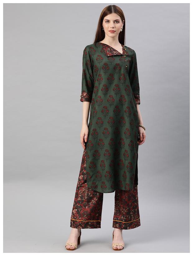 

Jaipur Kurti Women Green Maroon Printed Straight Kurta With Palazzo