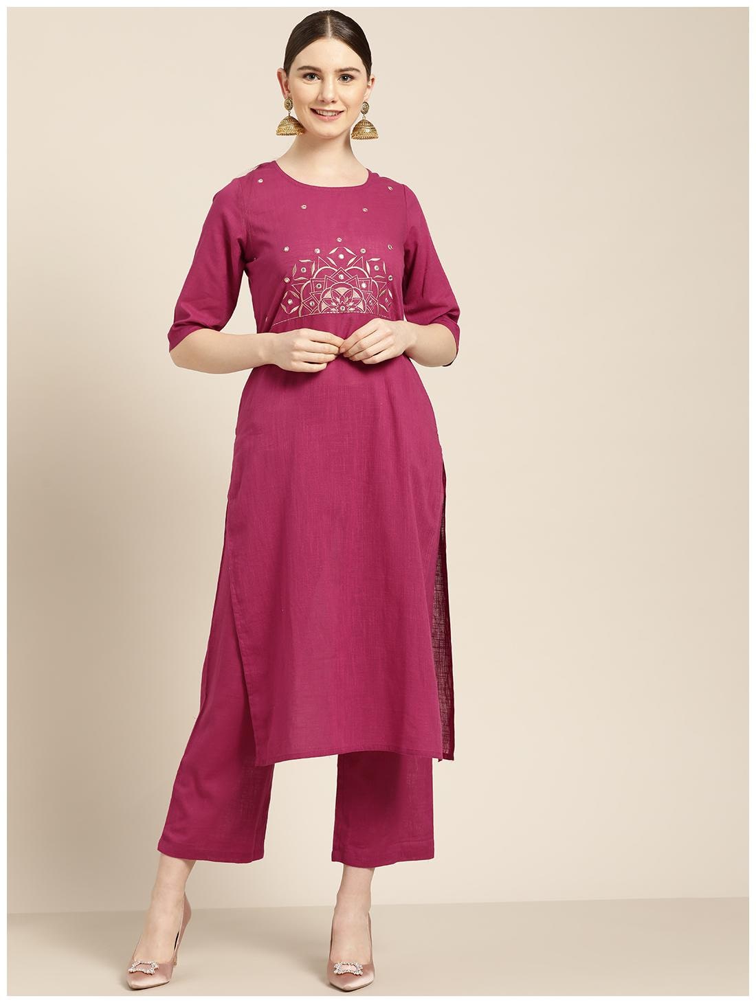

Jaipur Kurti Cotton Embroidered Magenta Kurta Palazzo Without Dupatta