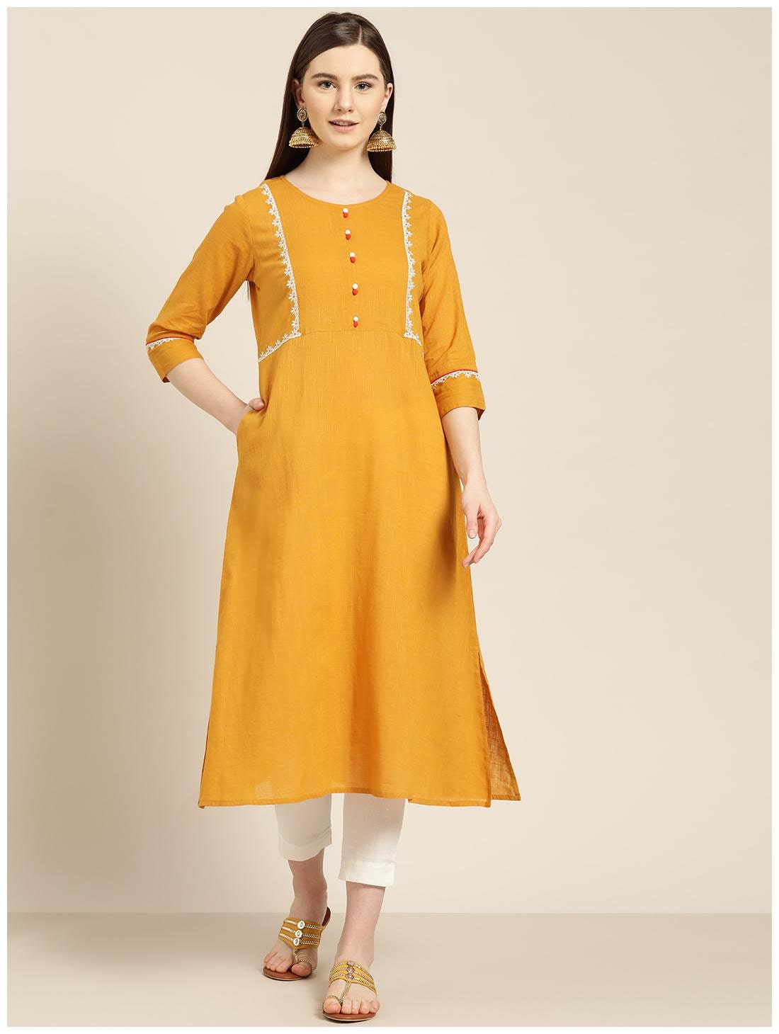 

Jaipur Kurti Cotton Embroidered Yellow Kurta For Women