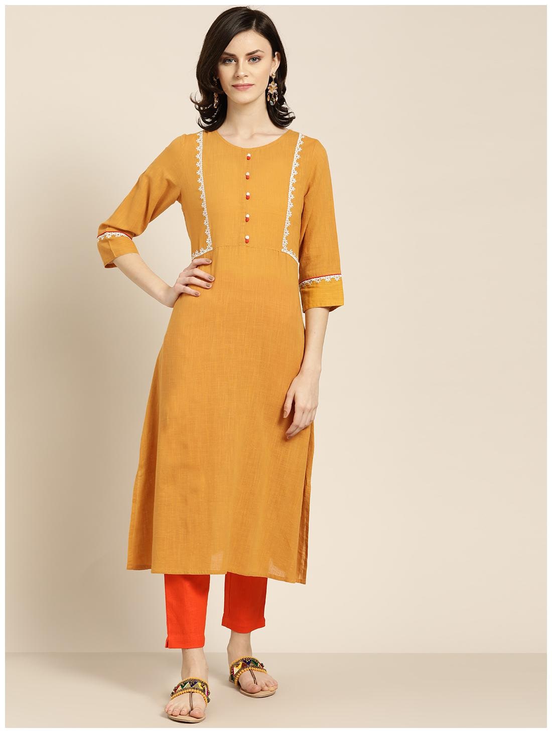 

Jaipur Kurti Cotton Embroidered Yellow Orange Kurta Trousers Without Dupatta