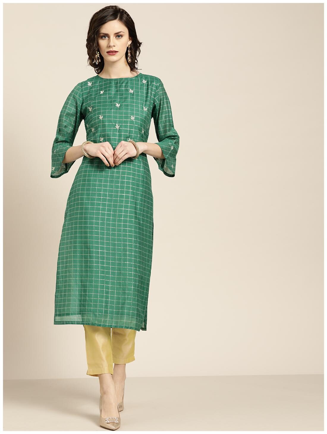 

Jaipur Kurti Silk Embroidered Green Beige Kurta Trousers Without Dupatta