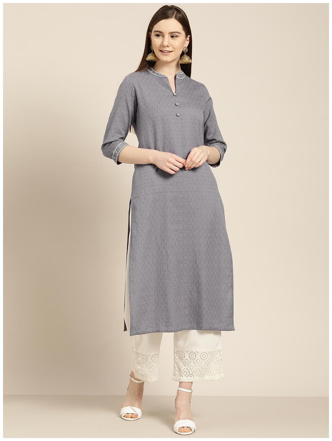

Jaipur Kurti Women Grey Embroidered Straight Kurta