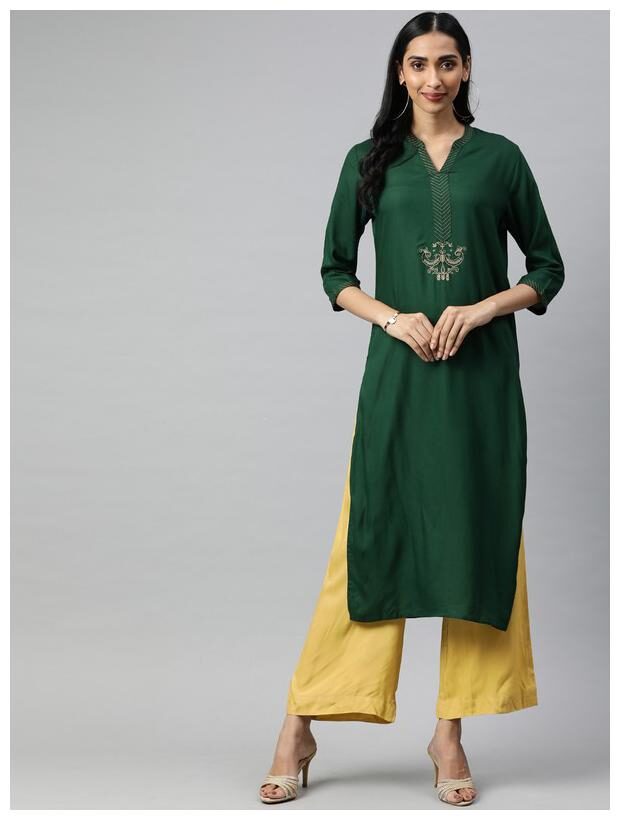 

Jaipur Kurti Women Embroidery green Beige Kurta With Palazzos With Dupatta
