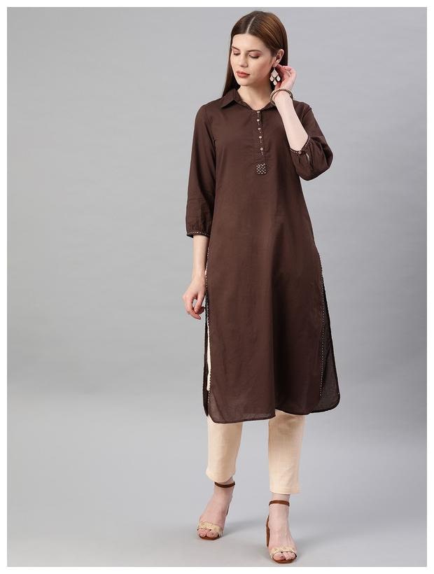 

Jaipur Kurti Women Brown Beige Solid Straight Kurta With Trousers