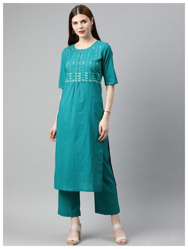 

Jaipur Kurti Women Floral Green Kurta With PalazzosWith Dupatta