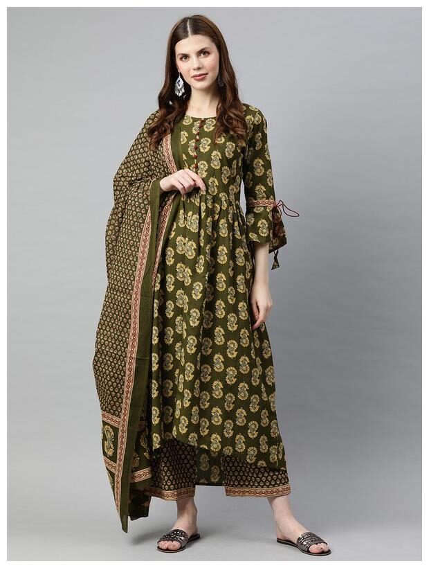 

Jaipur Kurti Women Floral Green Kurta With PalazzosWith Dupatta With Dupatta
