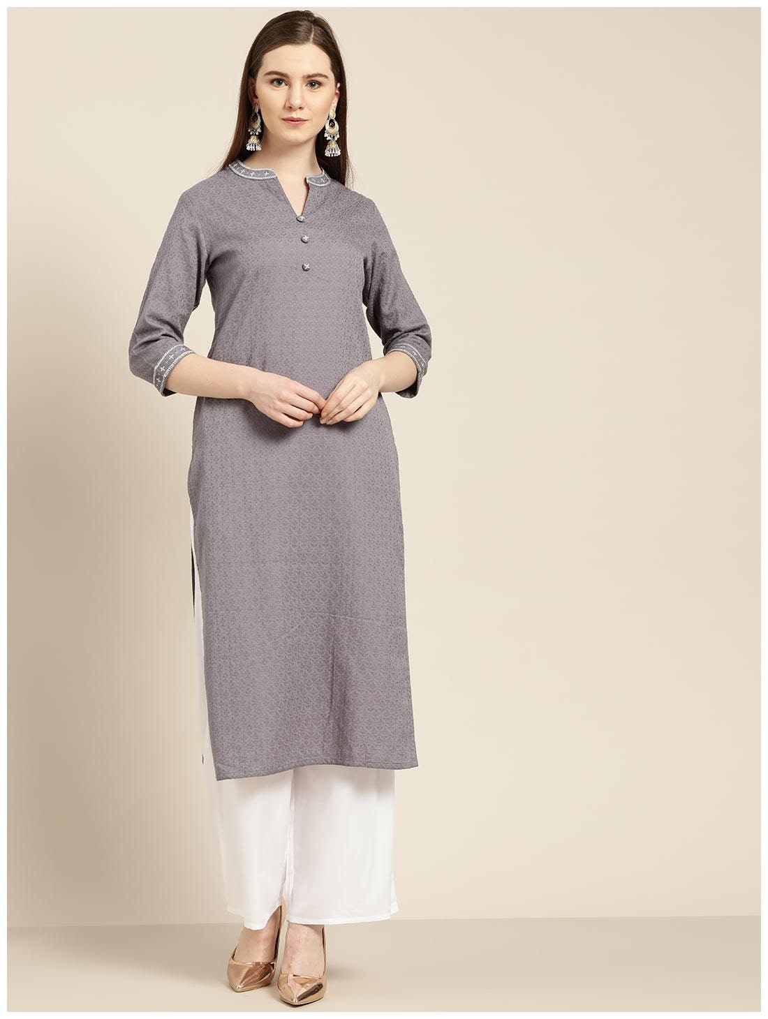 

Jaipur Kurti Cotton Embroidered Grey White Kurta Palazzo Without Dupatta