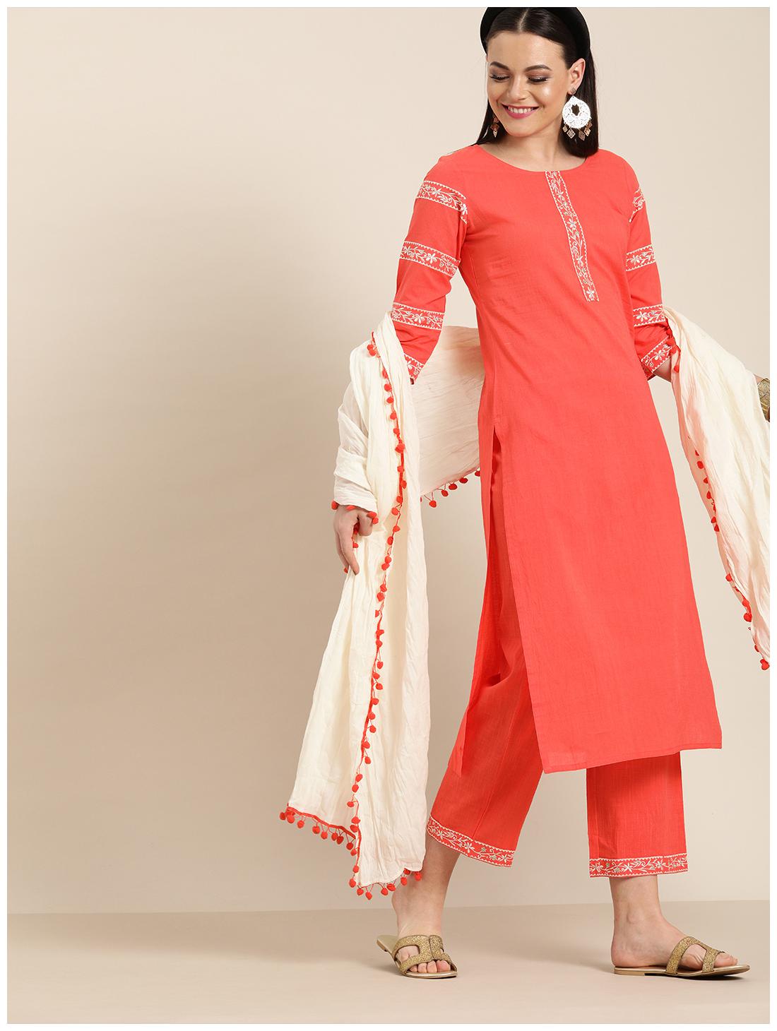 

Jaipur Kurti Cotton Embroidered Peach Kurta Palazzo With Dupatta