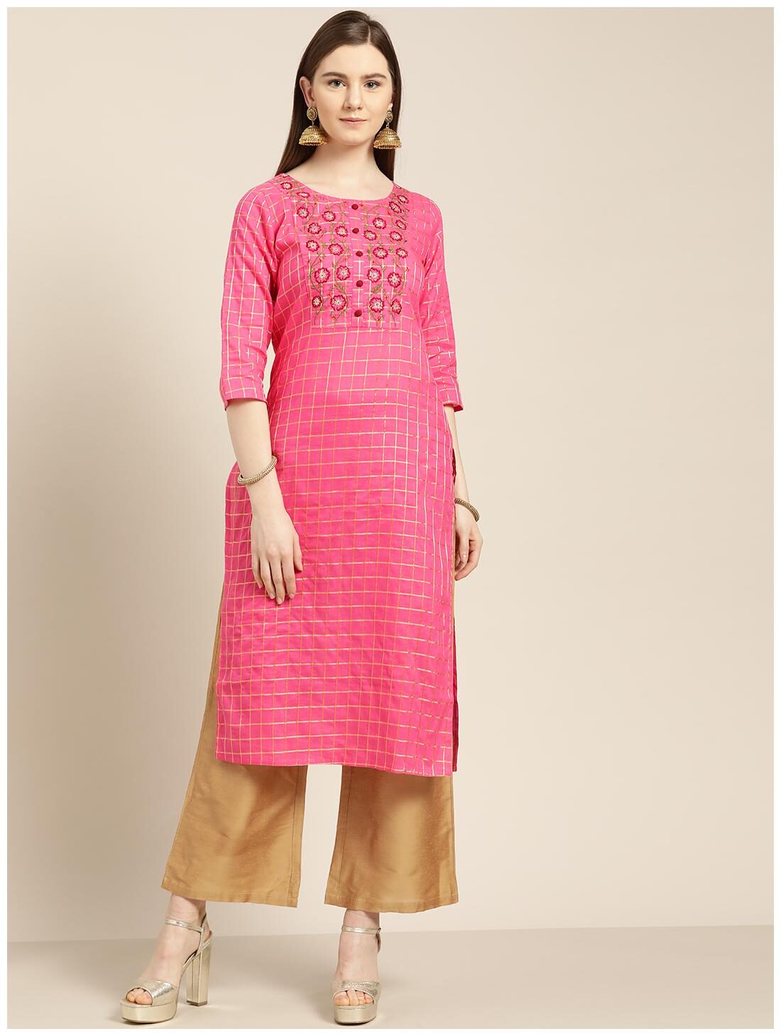 

Jaipur Kurti Women Pink Checkered Straight Kurta