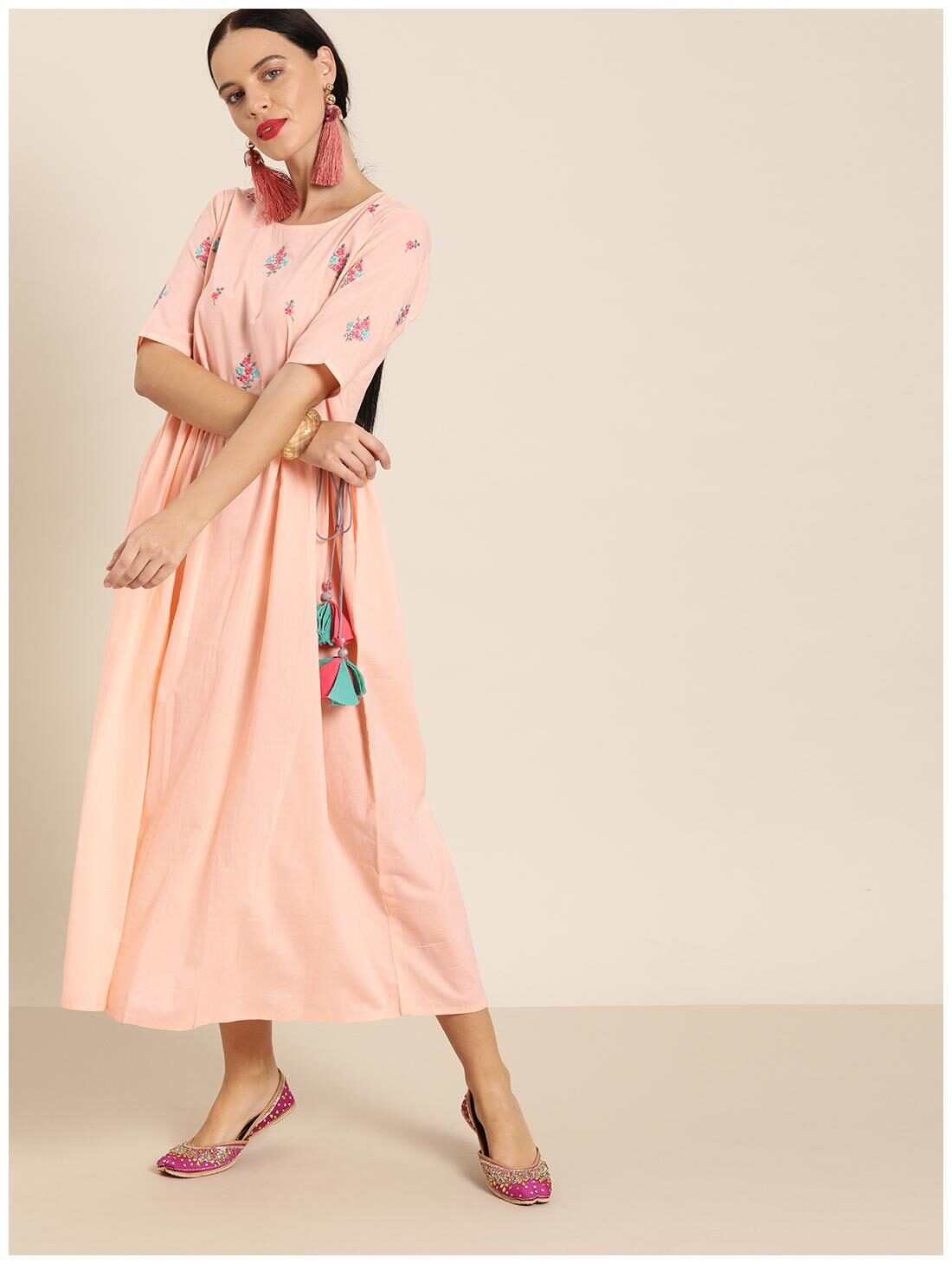 

Jaipur Kurti Peach Embroidered Fit flare dress