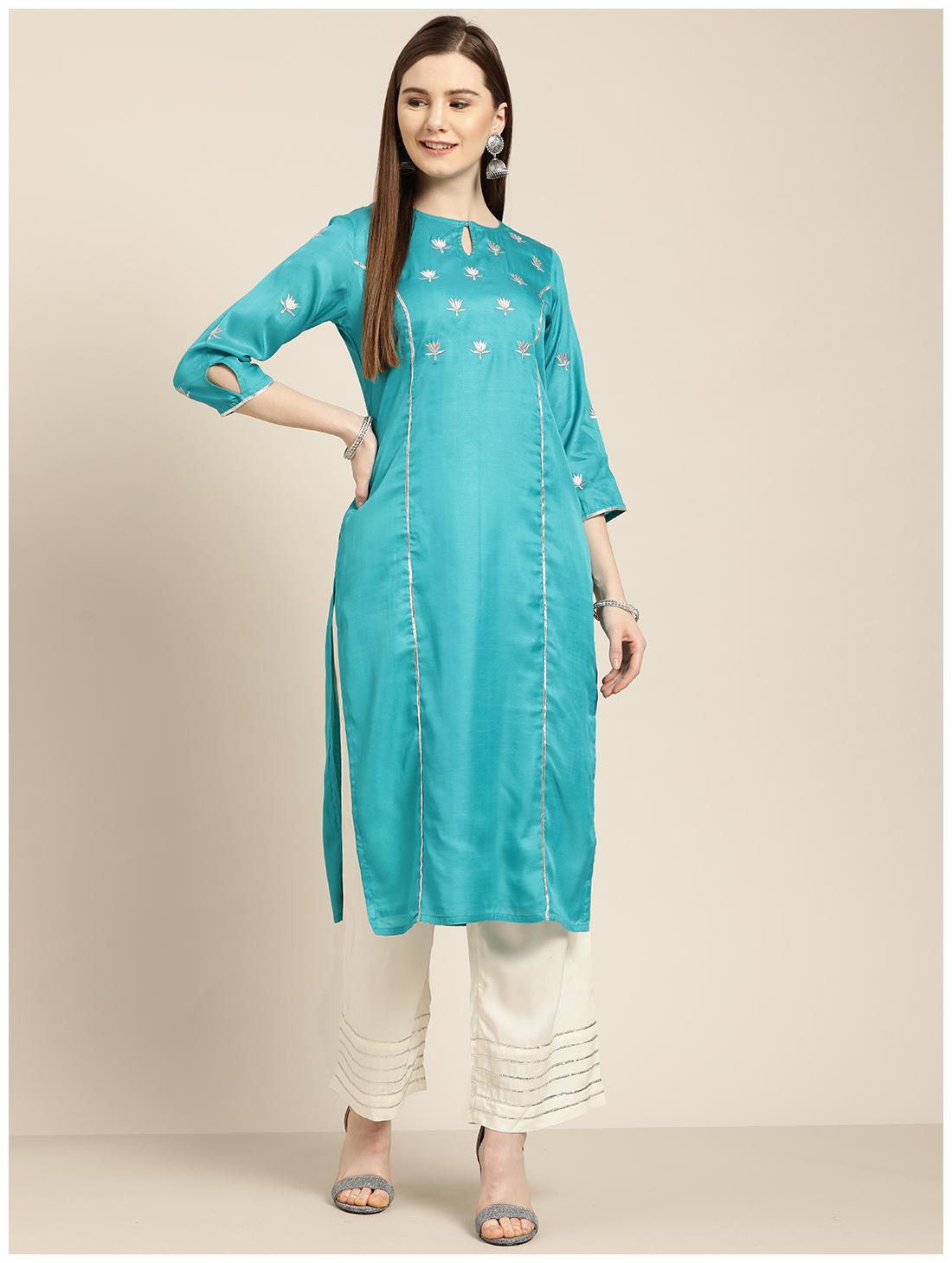 

Jaipur Kurti Crepe Embroidered Turquoise White Kurta Palazzo Without Dupatta