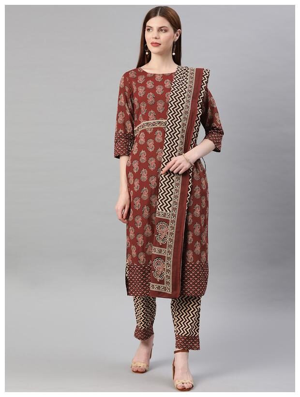 

Jaipur Kurti Women Maroon Beige Floral Straight Kurta With Pants And Dupatta