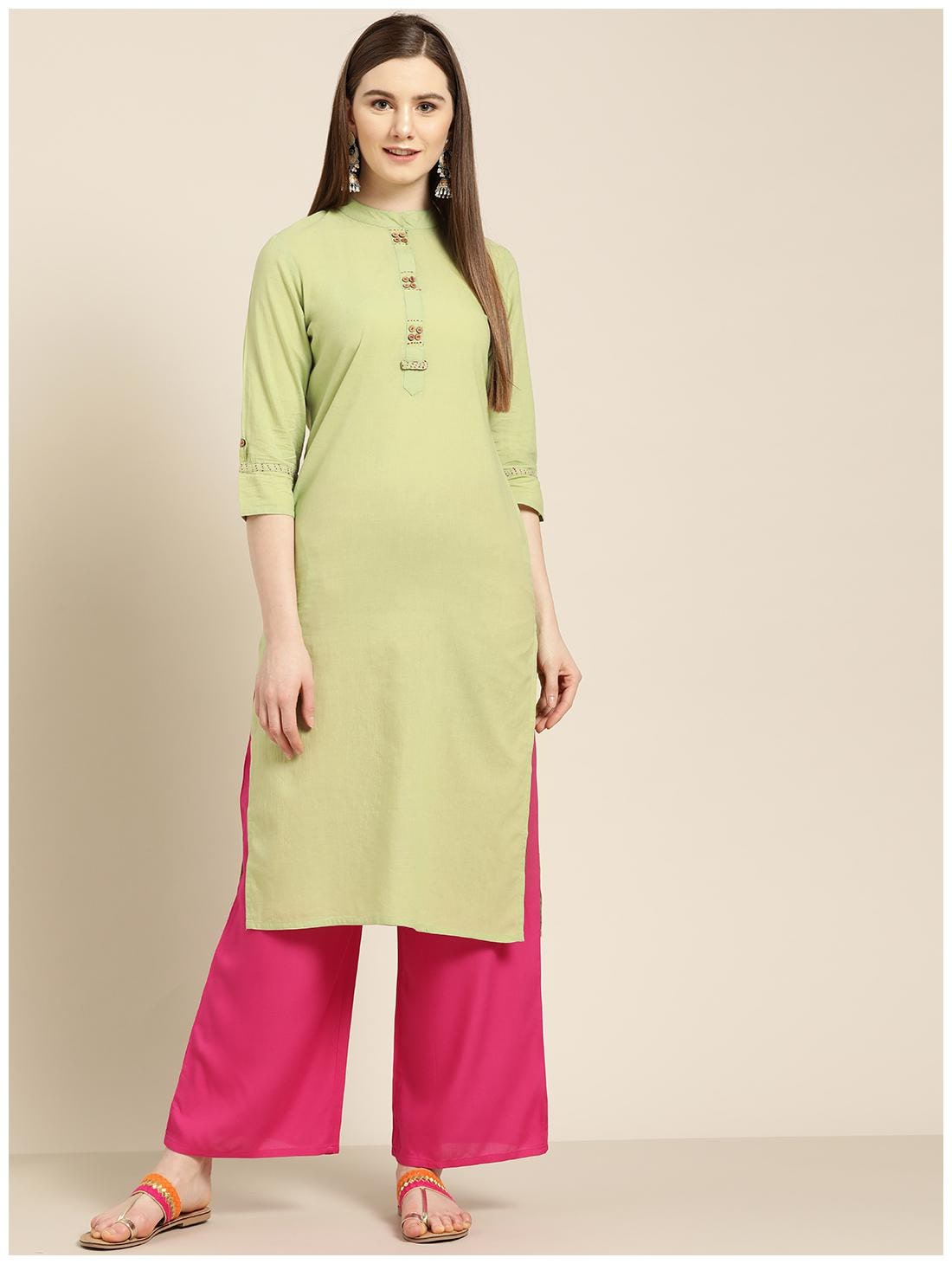 

Jaipur Kurti Cotton Embroidered Green Pink Kurta Palazzo Without Dupatta