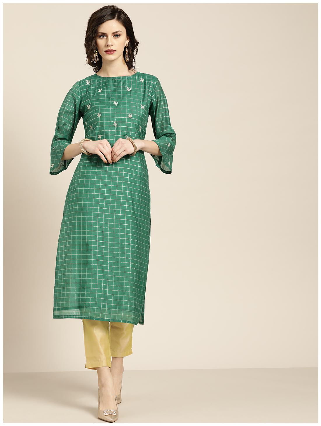 

Jaipur Kurti Silk Embroidered Green Beige Kurta Trousers Without Dupatta