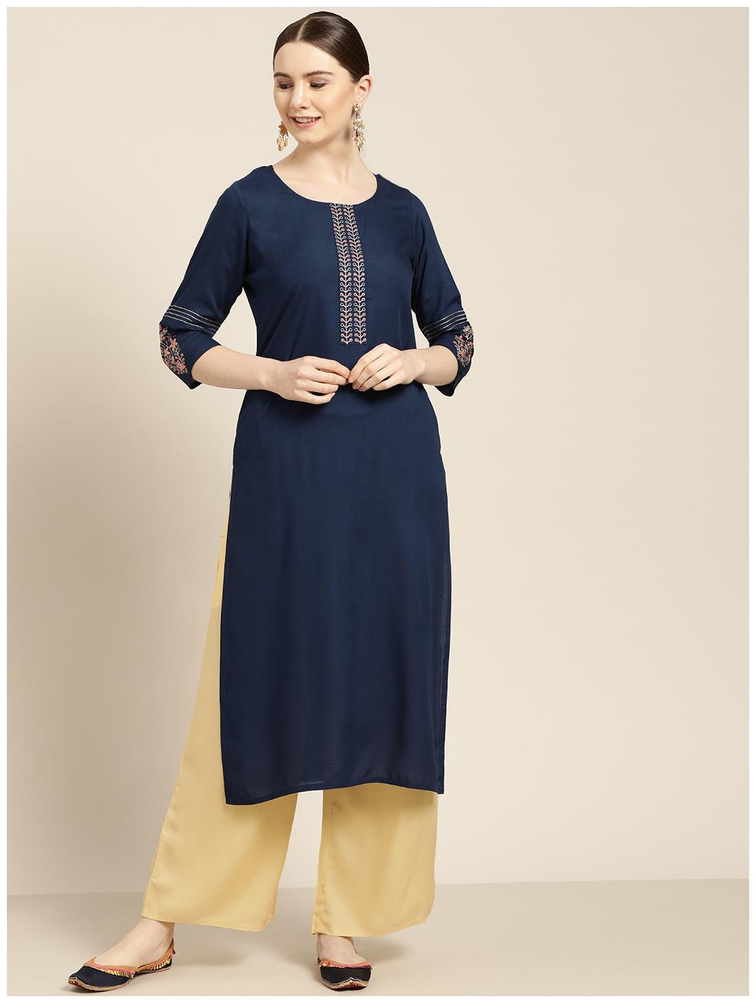 

Jaipur Kurti Women Blue Solid Straight Kurta With Palazzo