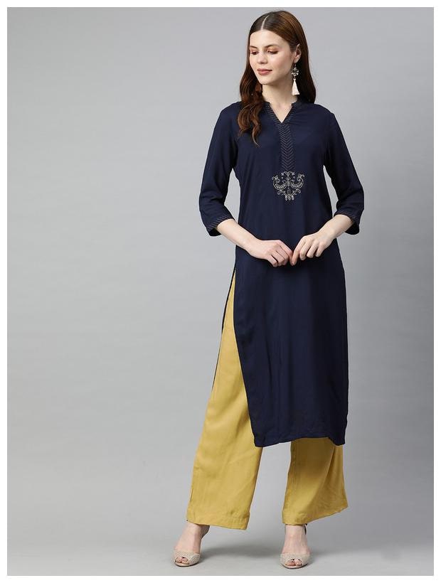 

Jaipur Kurti Women Embroidery Navy Blue Kurta With Palazzos With Dupatta