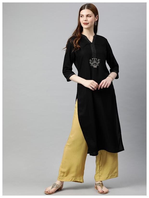 

Jaipur Kurti Women Embroidery Black Beige Kurta With Palazzos With Dupatta