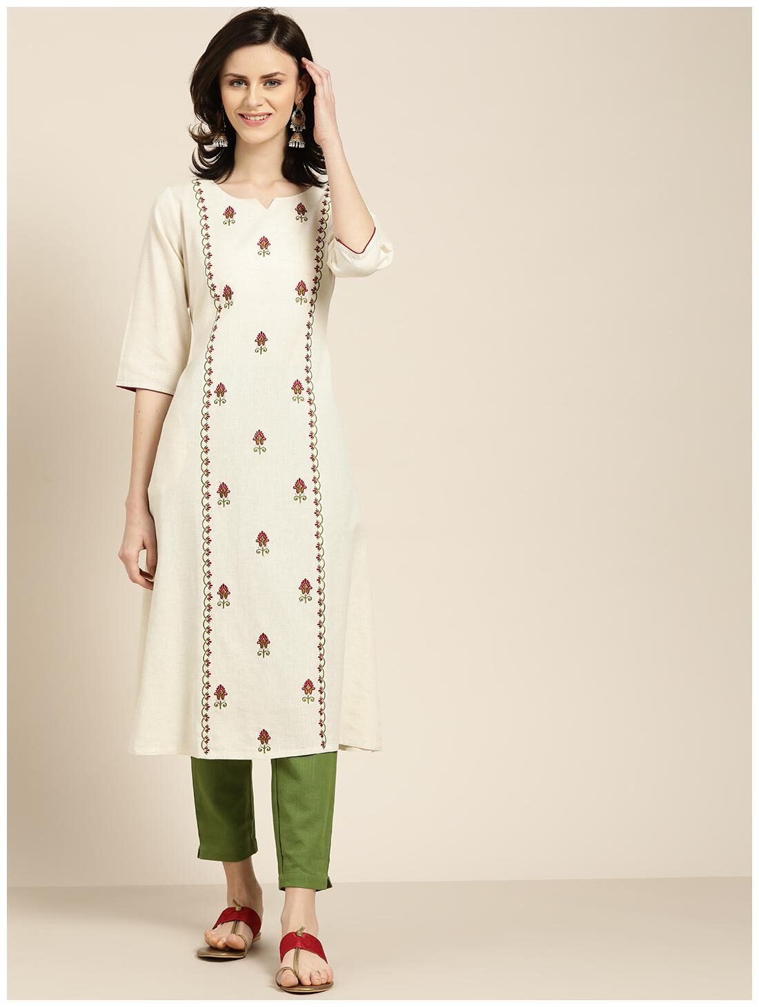 

Jaipur Kurti Cotton Embroidered Cream Green Kurta Trousers Without Dupatta