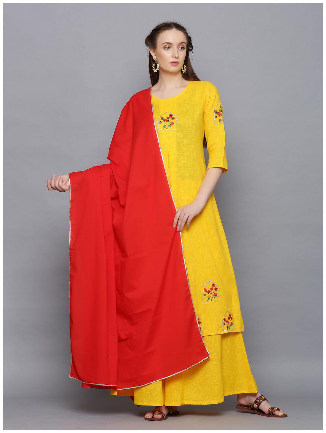 

Jaipur Kurti Cotton Blend Yellow Embroidered Women Palazzo With Dupatta For Women