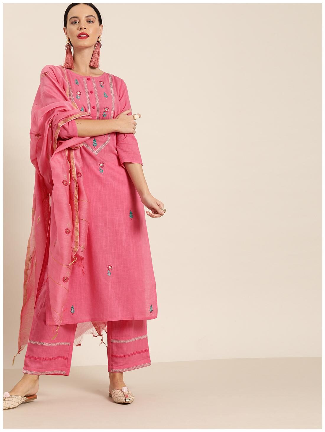 

Jaipur Kurti Cotton Blend Embroidered Pink Kurta Palazzo With Dupatta