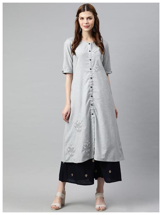 

Jaipur Kurti Women Cotton Embroidered Grey Kurti