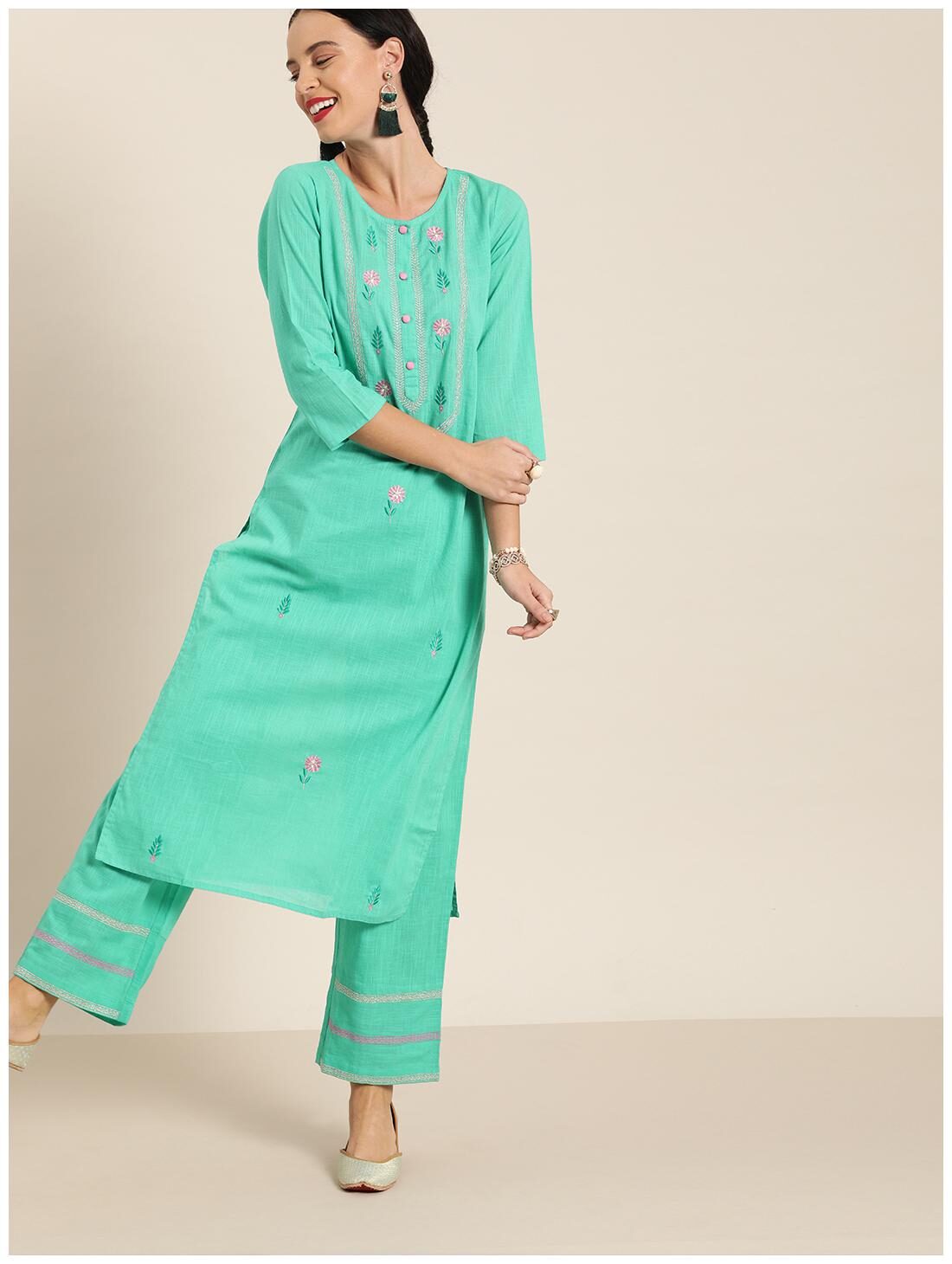 

Jaipur Kurti Cotton Blend Embroidered Green Kurta Palazzo With Dupatta