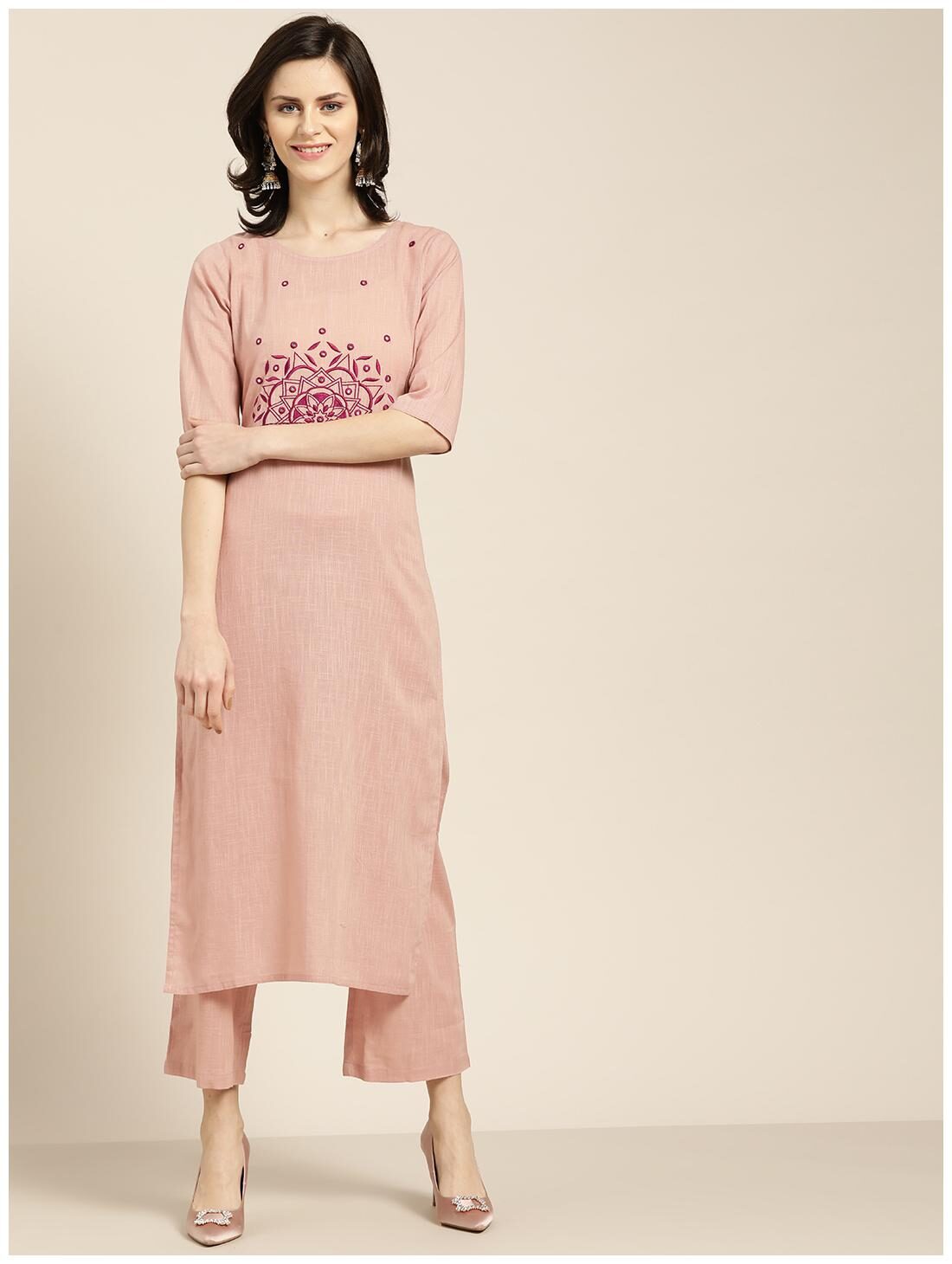 

Jaipur Kurti Cotton Embroidered Purple Kurta Palazzo Without Dupatta