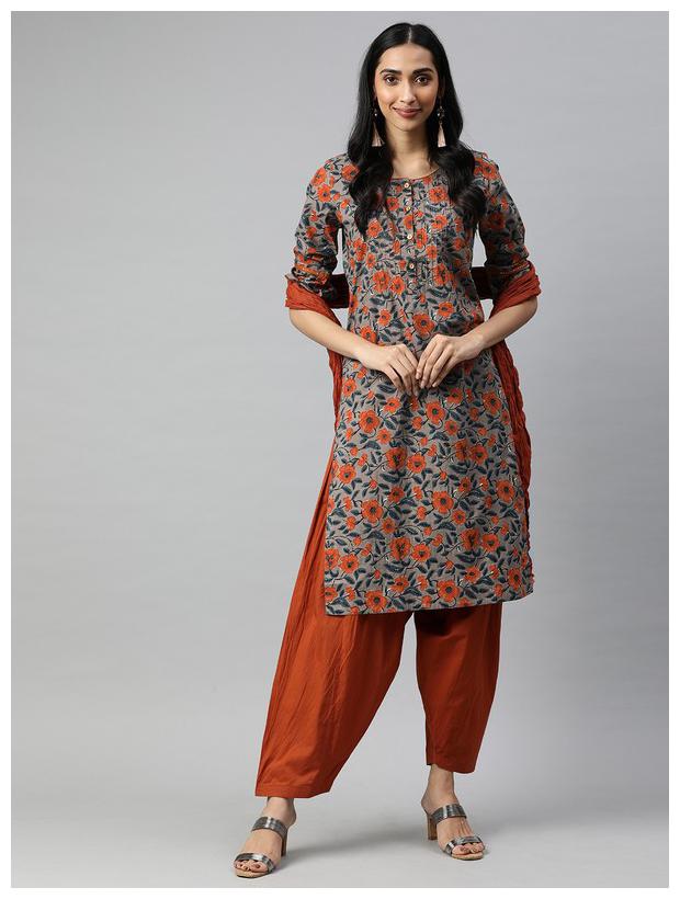

Jaipur Kurti Women Grey Brown Floral Straight Kurta With Salwar And Dupatta