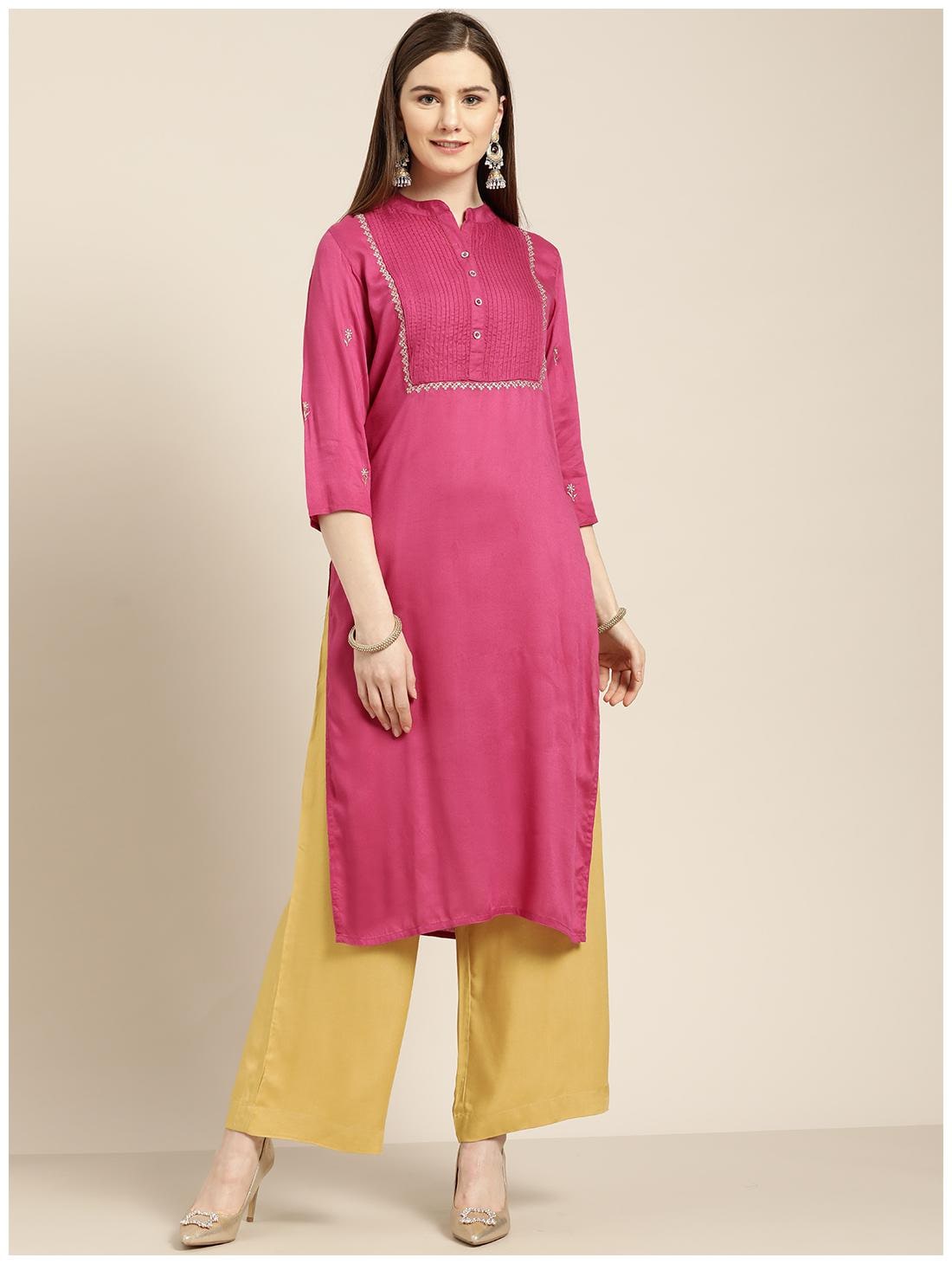 

Jaipur Kurti Viscose Rayon Embroidered Magenta Yellow Kurta Palazzo Without Dupatta