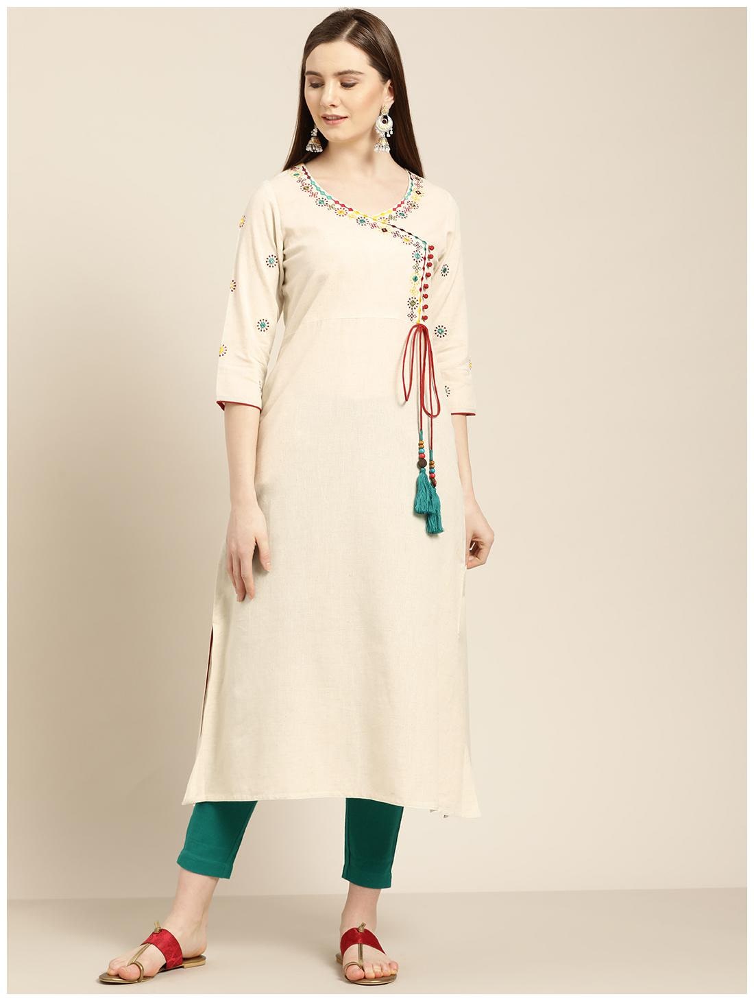 

Jaipur Kurti Cotton Embroidered Cream Green Kurta Trousers Without Dupatta