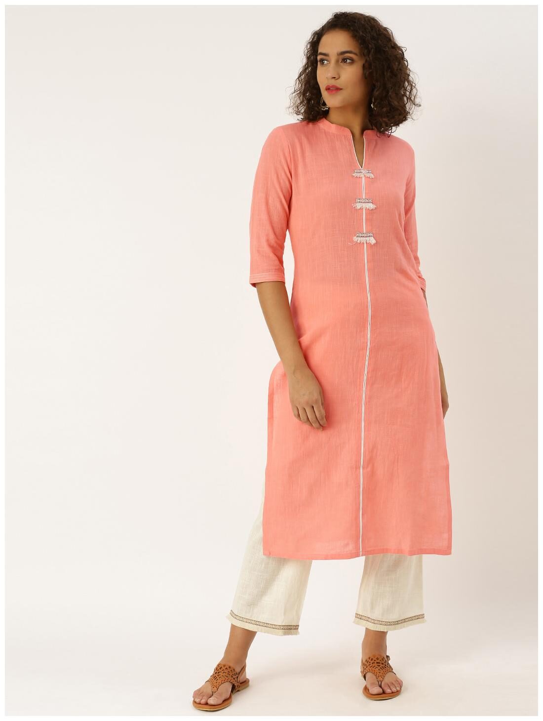 

Jaipur Kurti Women Peach Solid Straight Kurti With Pyjamas
