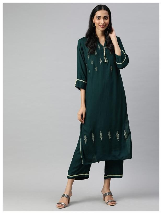 

Jaipur Kurti Women Embroidery Green Brown Kurta With TrousersWith Dupatta