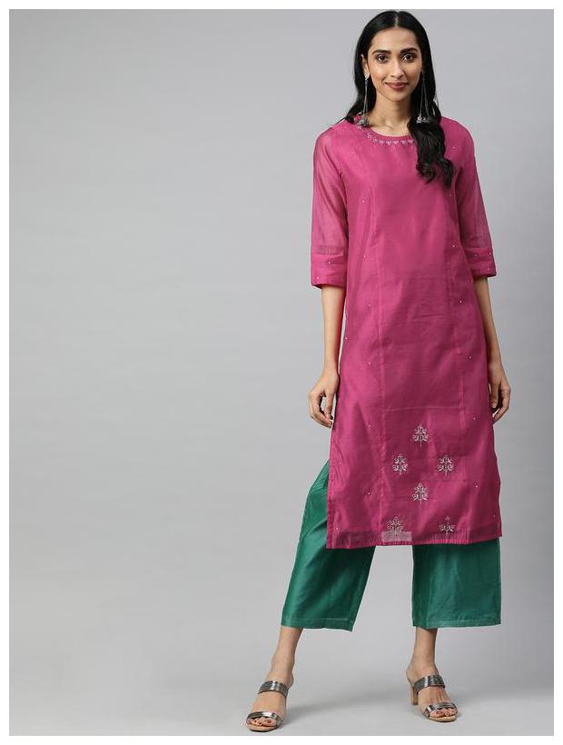 

Jaipur Kurti Women Pink Embroidered Straight Kurta