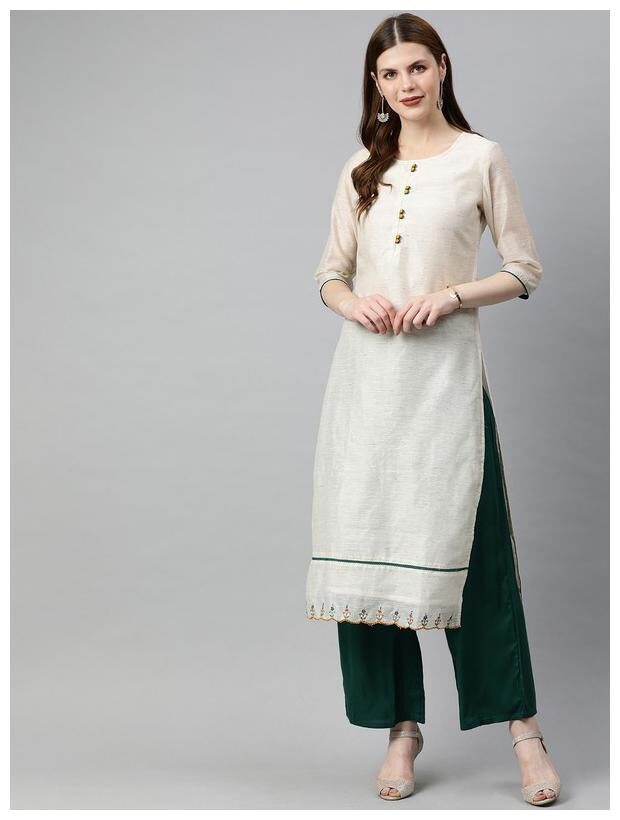 

Jaipur Kurti Women Off White Green Solid Straight Kurta With Palazzo